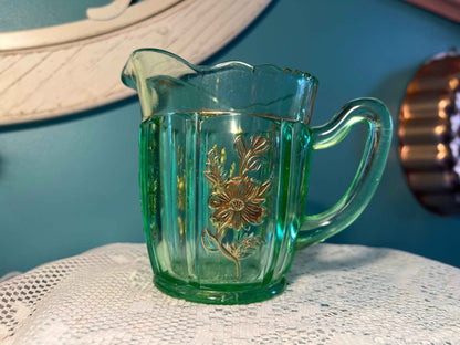 Vintage Jefferson Glass Dolly Madison Creamer | Green with Gold Accents | Early American Glassware