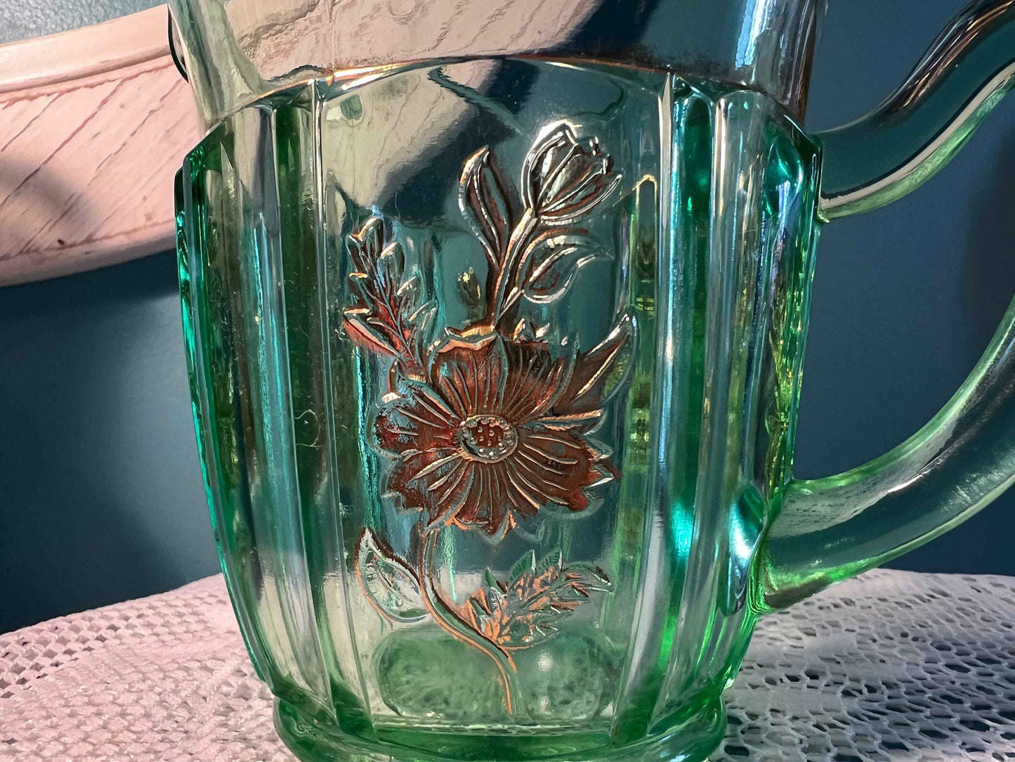 Vintage Jefferson Glass Dolly Madison Creamer | Green with Gold Accents | Early American Glassware