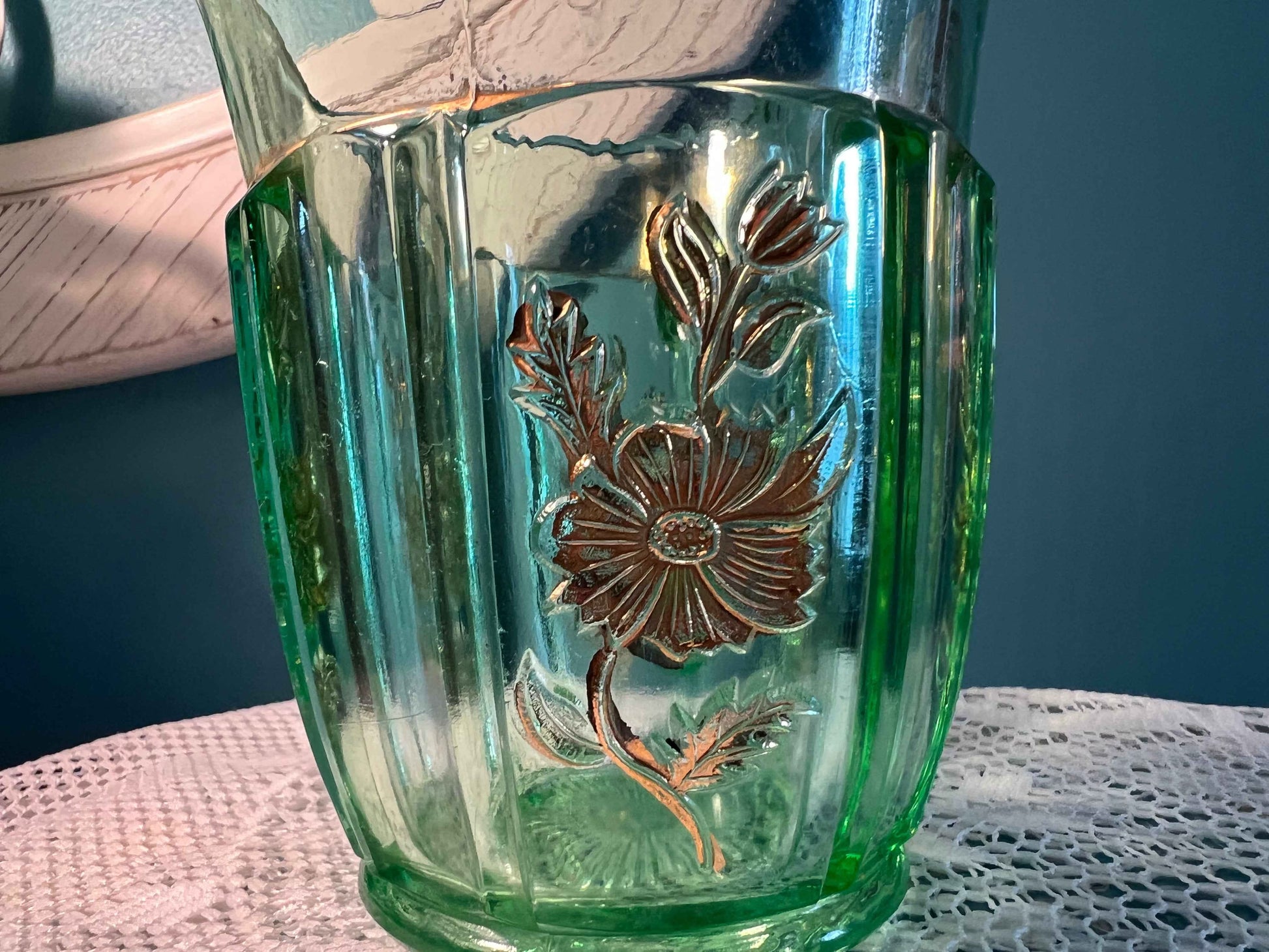 Vintage Jefferson Glass Dolly Madison Creamer | Green with Gold Accents | Early American Glassware