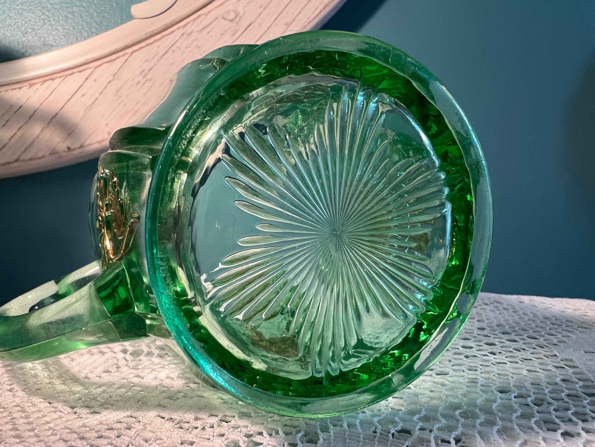 Vintage Jefferson Glass Dolly Madison Creamer | Green with Gold Accents | Early American Glassware