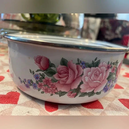 Vintage pink floral Kobe metal bowl set, made in Indonesia