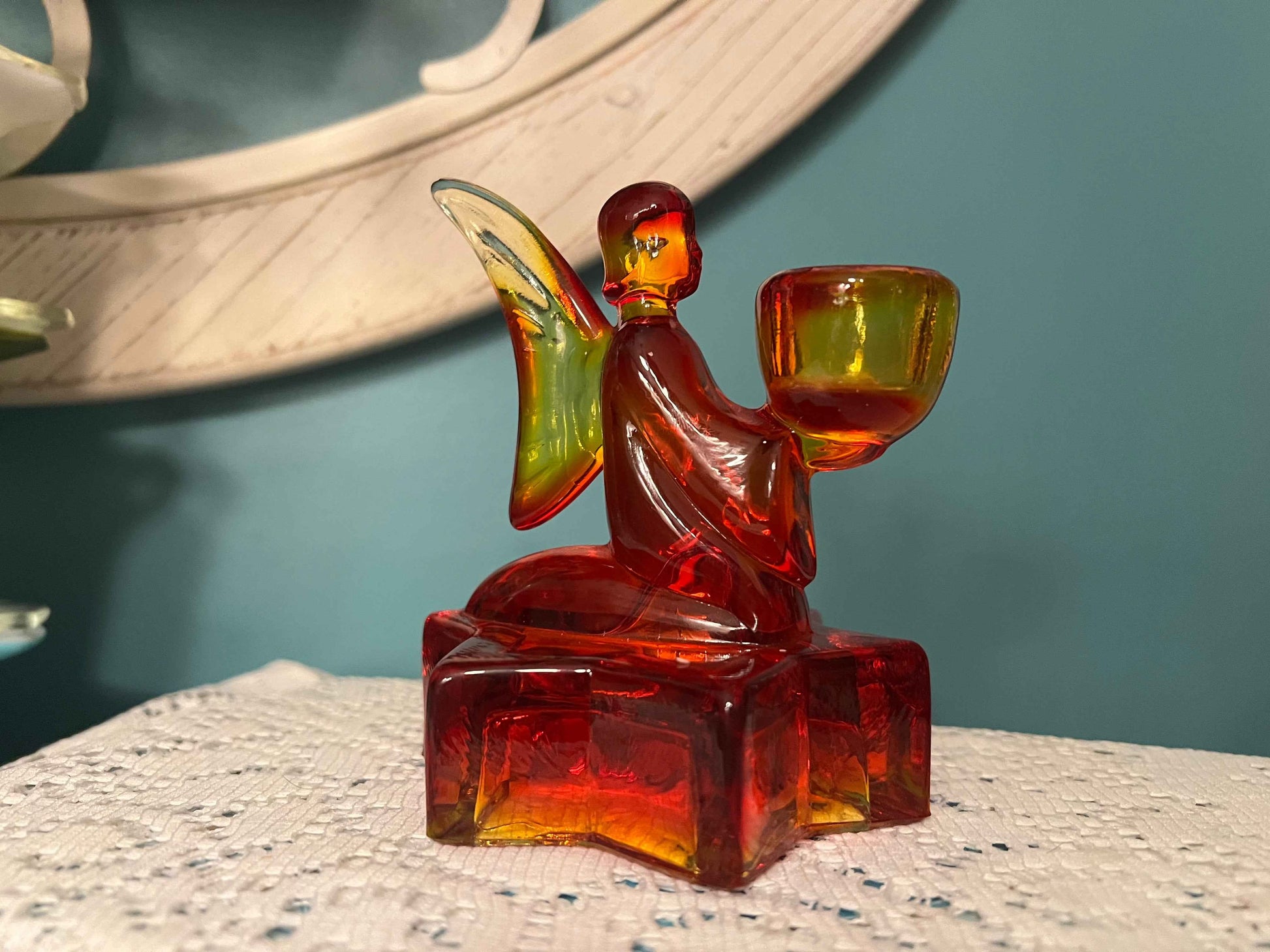 LE Smith Amberina Angel Candle Holder | Vintage Glassware | Collectible Cadmium