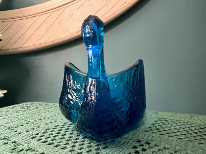 Vintage L.E. Smith Cobalt Blue Glass Swan Dish | Collectible Trinket or Candy Dish | Textured Feather Design