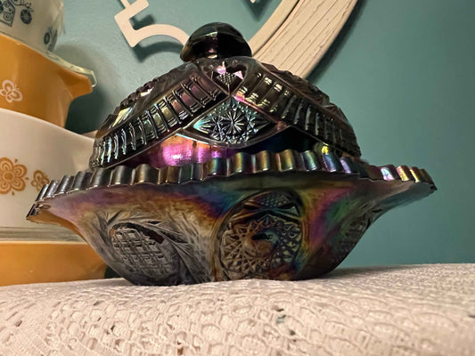 LE Smith Amethyst Carnival Glass Covered Butter Dish | Hobstar Sawtooth Rim | Purple Iridescent Vintage Glass