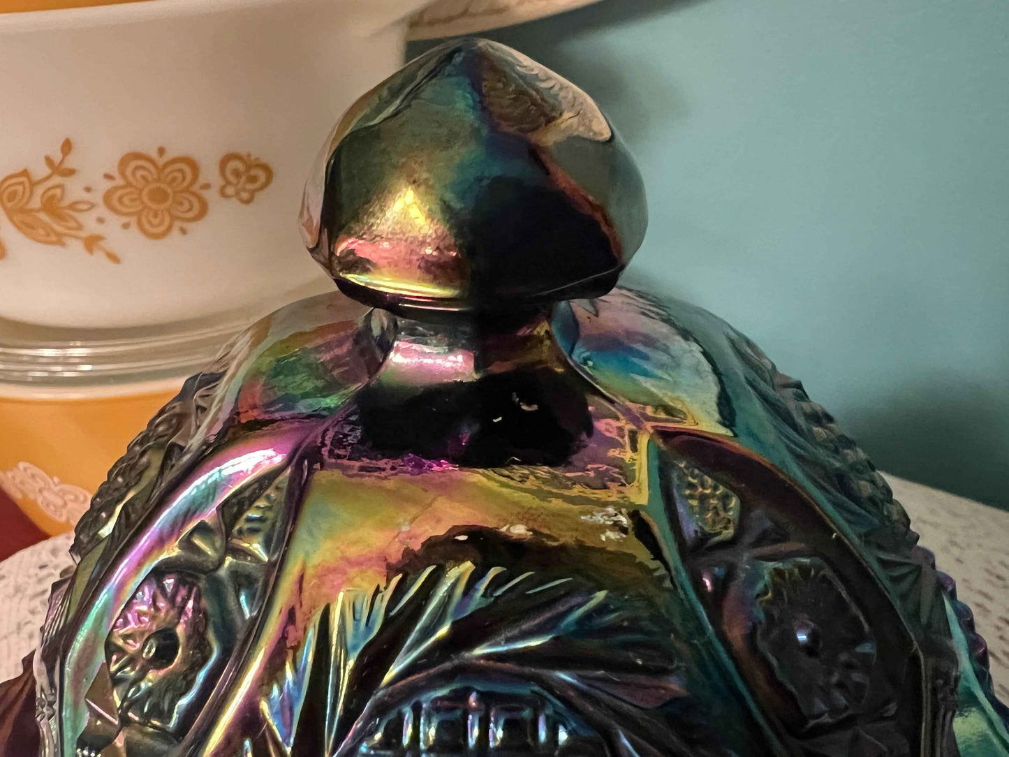 LE Smith Amethyst Carnival Glass Covered Butter Dish | Hobstar Sawtooth Rim | Purple Iridescent Vintage Glass