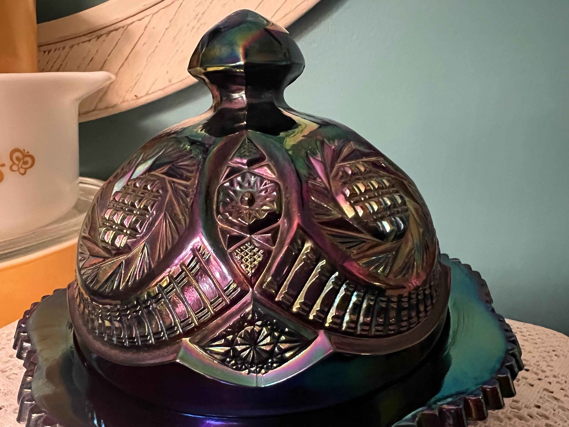 LE Smith Amethyst Carnival Glass Covered Butter Dish | Hobstar Sawtooth Rim | Purple Iridescent Vintage Glass