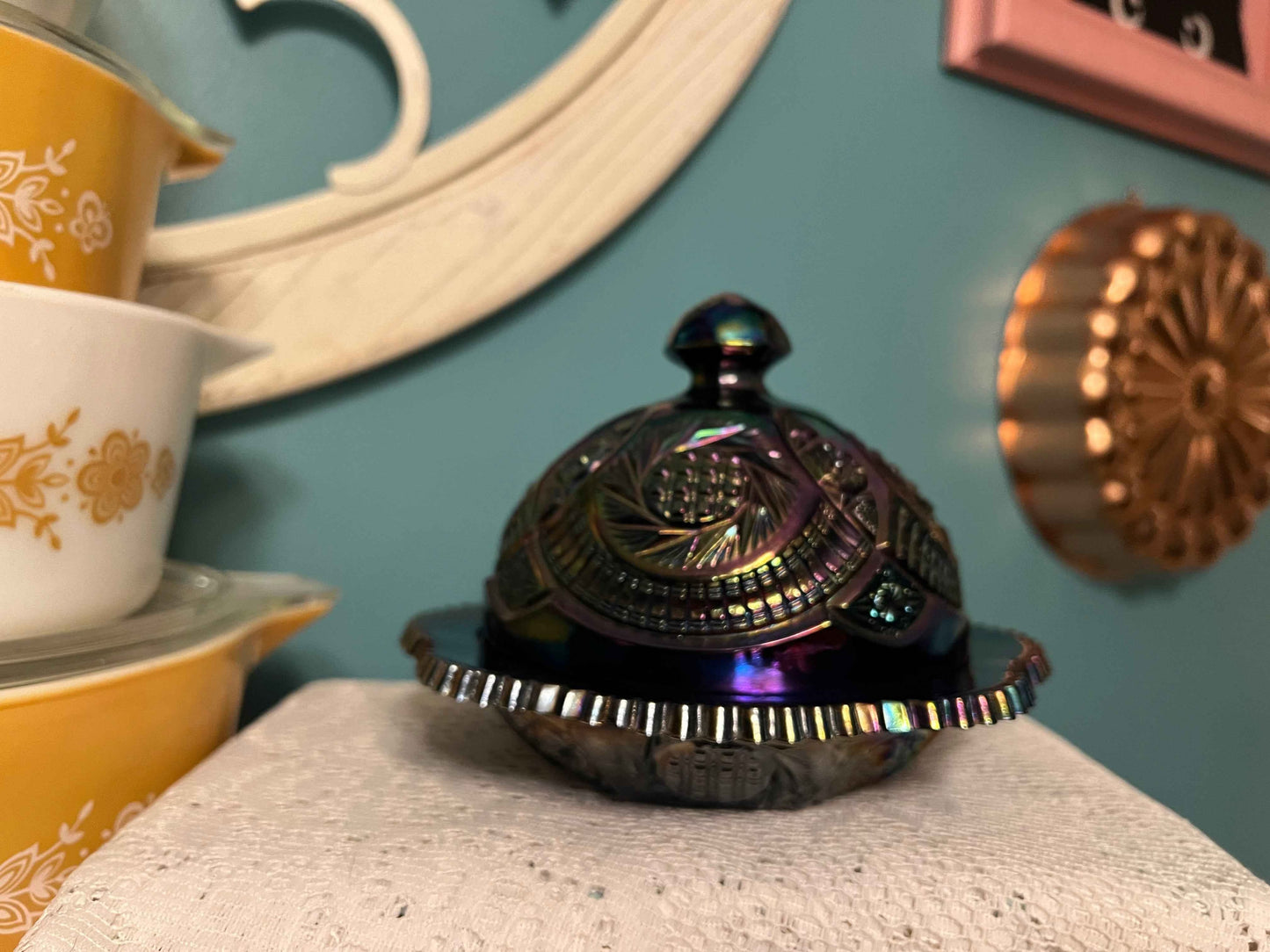 LE Smith Amethyst Carnival Glass Covered Butter Dish | Hobstar Sawtooth Rim | Purple Iridescent Vintage Glass