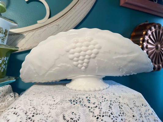 Vintage L.E. Smith White Milk Glass Banana Bowl | Grape Harvest Pedestal Centerpiece | Vintage Glassware