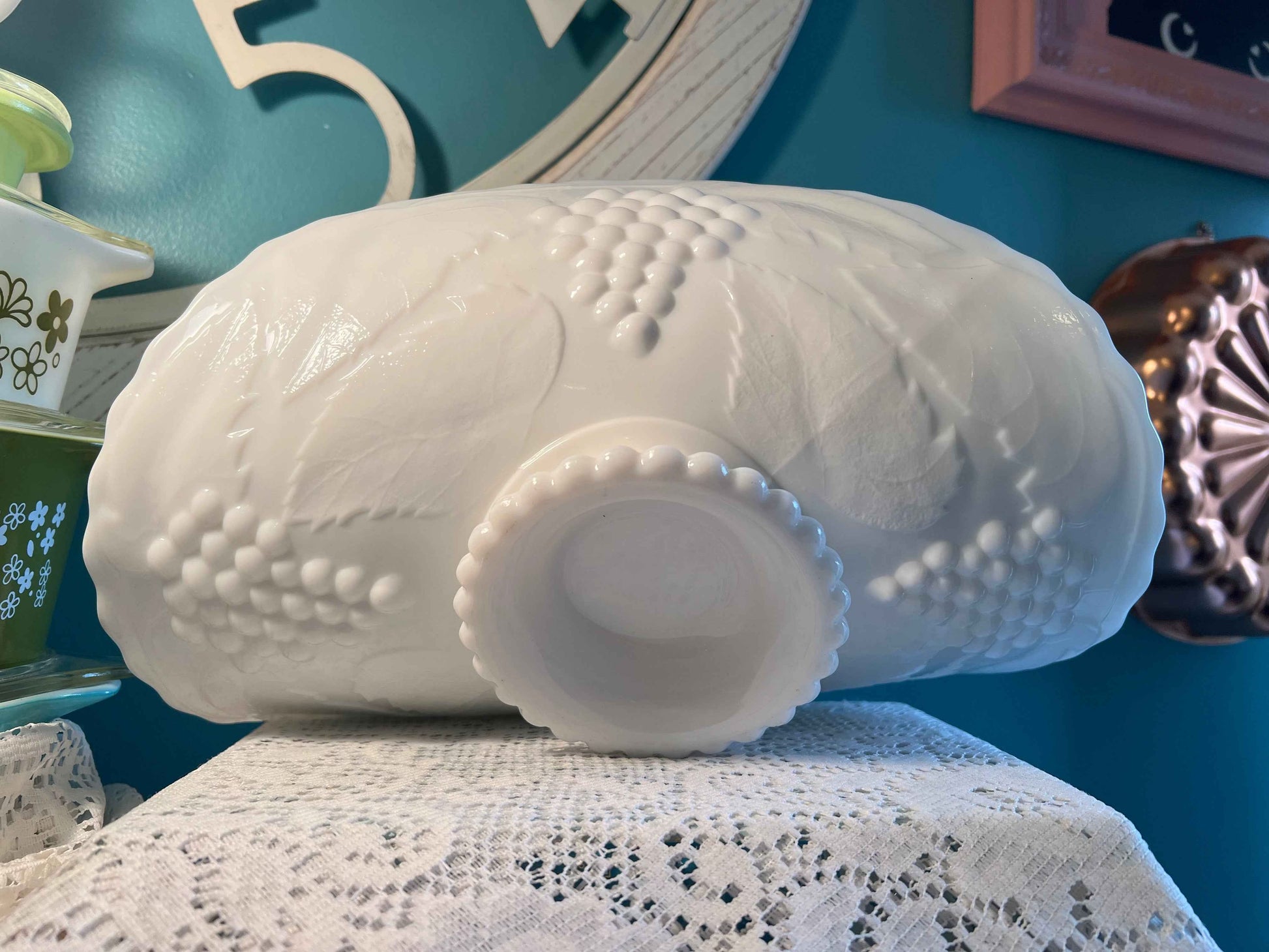 Vintage L.E. Smith White Milk Glass Banana Bowl | Grape Harvest Pedestal Centerpiece | Vintage Glassware