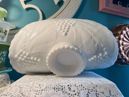 Vintage L.E. Smith White Milk Glass Banana Bowl | Grape Harvest Pedestal Centerpiece | Vintage Glassware