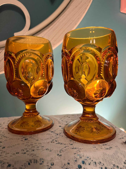 Vintage L.E. Smith “Moon and Stars” Amber Glass Goblets – Set of 2