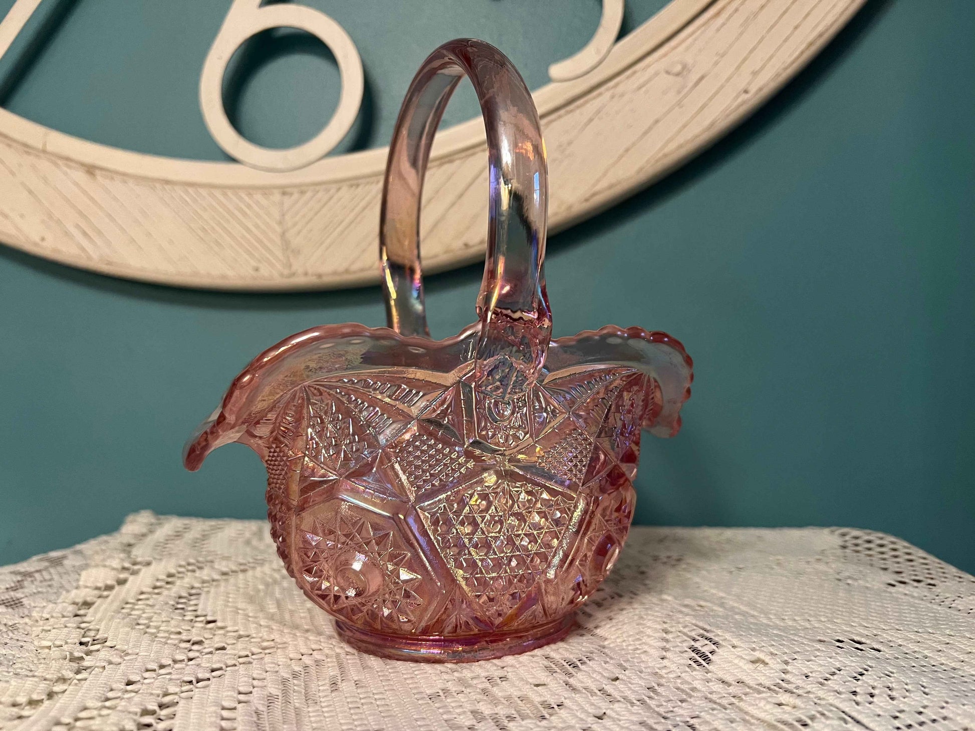 Vintage L.E. Smith Quintec Pink Carnival Glass Basket | Iridescent Stars Panels