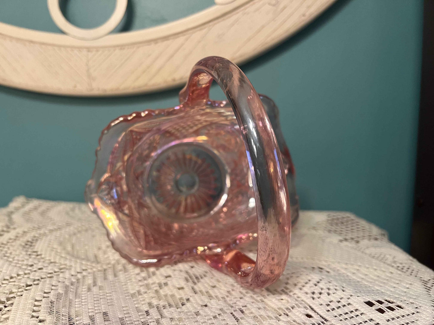 Vintage L.E. Smith Quintec Pink Carnival Glass Basket | Iridescent Stars Panels