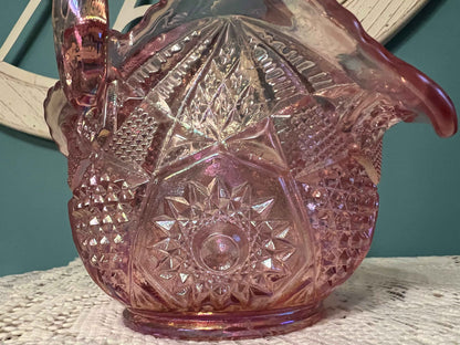 Vintage L.E. Smith Quintec Pink Carnival Glass Basket | Iridescent Stars Panels