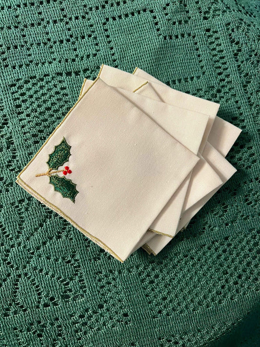 Vintage Lenox Holly Berry Embroidered Linen Tea Napkins - Set of 6 | Christmas Beverage Set