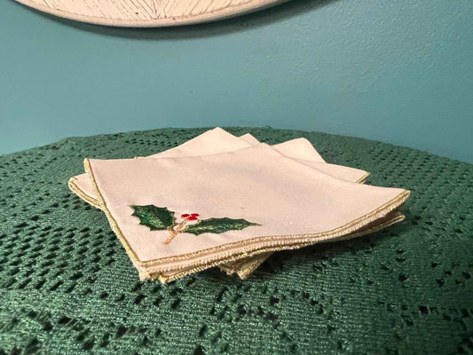Vintage Lenox Holly Berry Embroidered Linen Tea Napkins - Set of 6 | Christmas Beverage Set