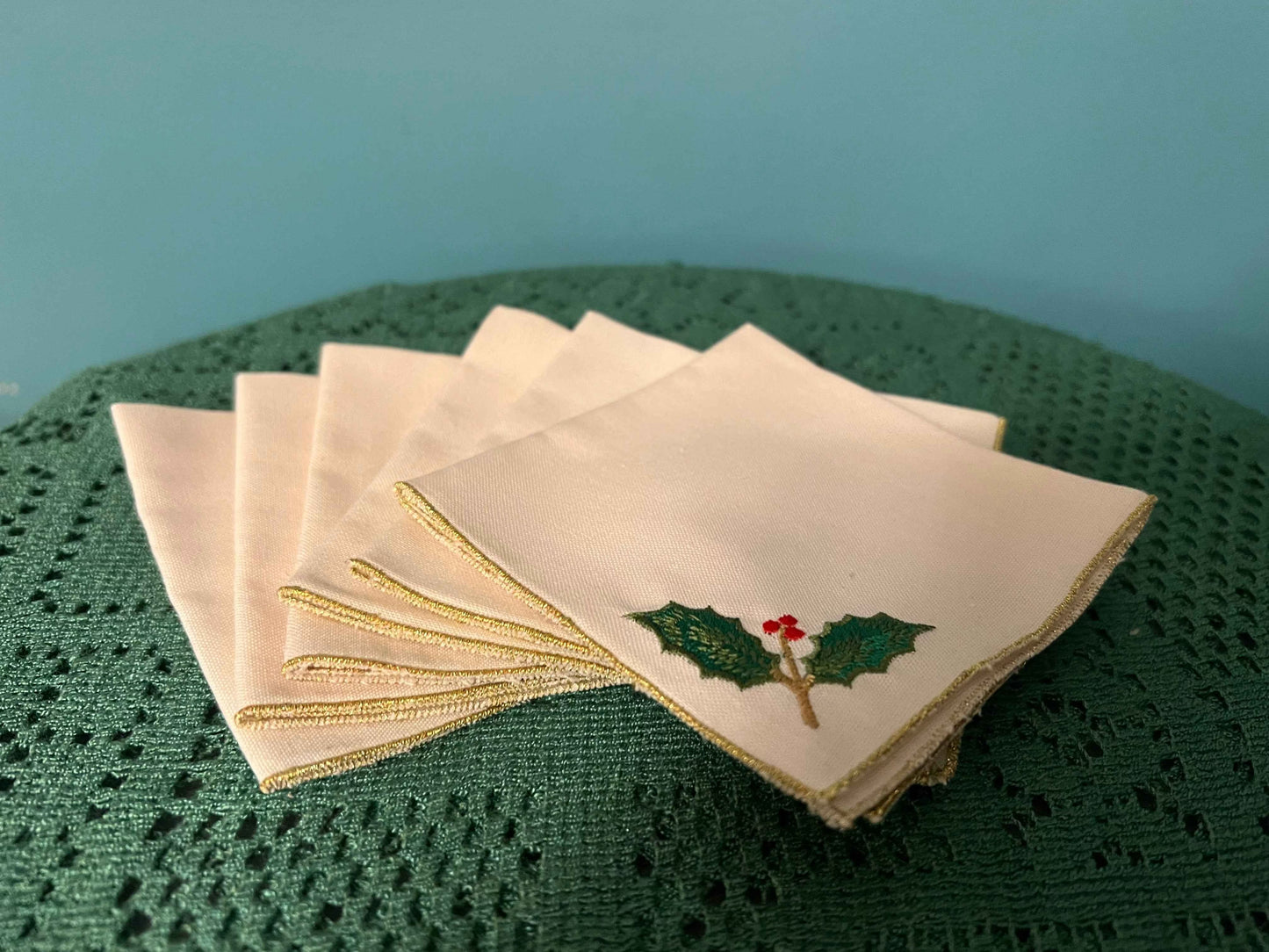 Vintage Lenox Holly Berry Embroidered Linen Tea Napkins - Set of 6 | Christmas Beverage Set