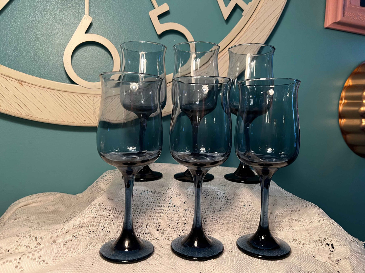 Libbey Dusky Blue Tulip Glasses | 8 oz Stem Goblets | Set of 6 Vintage