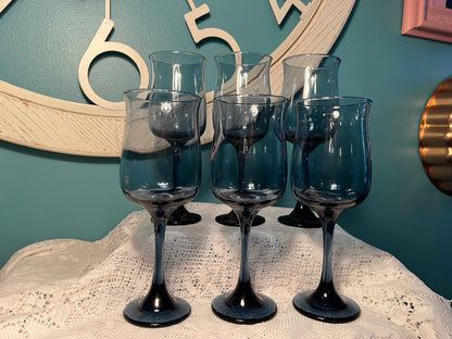 Libbey Dusky Blue Tulip Glasses | 8 oz Stem Goblets | Set of 6 Vintage