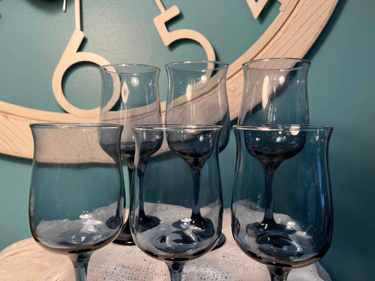 Libbey Dusky Blue Tulip Glasses | 8 oz Stem Goblets | Set of 6 Vintage