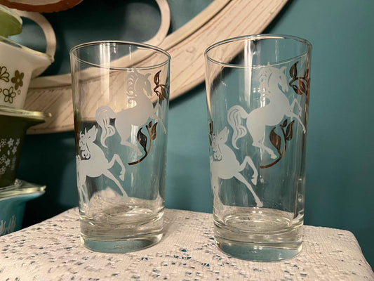 Vintage Libbey Highball Glasses - Prancing Colts | 5" | Vintage Drinking Glasses
