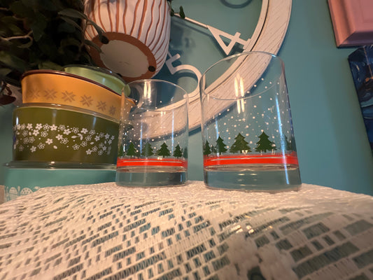 Vintage Libbey tumblers with green Christmas trees and falling snowflakes