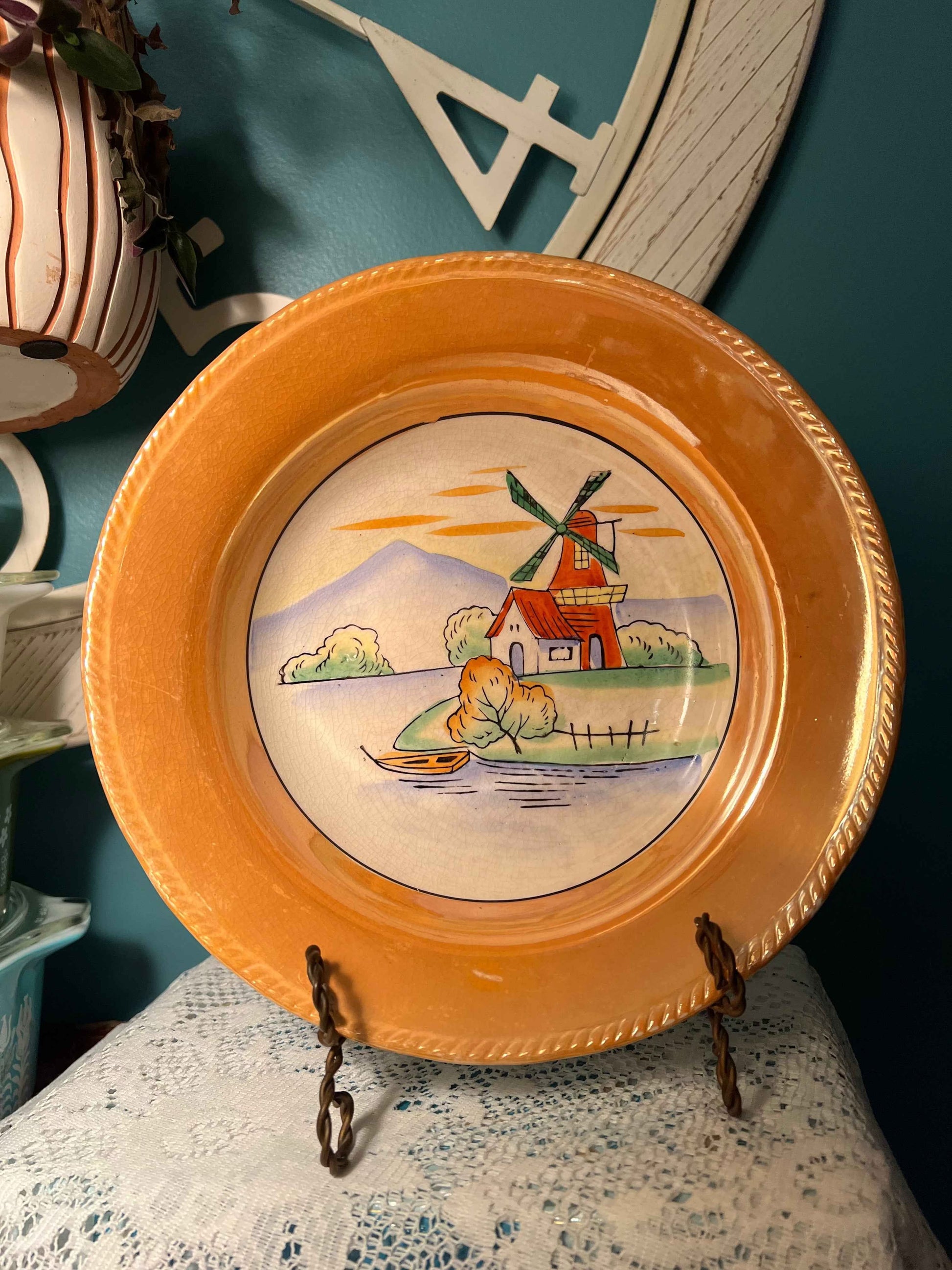 Vintage Japanese Lusterware Windmill Bowl | Mid-Century Hand-Painted Japan