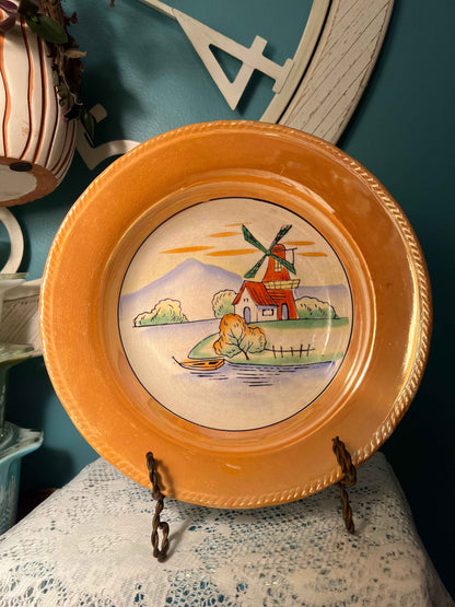 Vintage Japanese Lusterware Windmill Bowl | Mid-Century Hand-Painted Japan