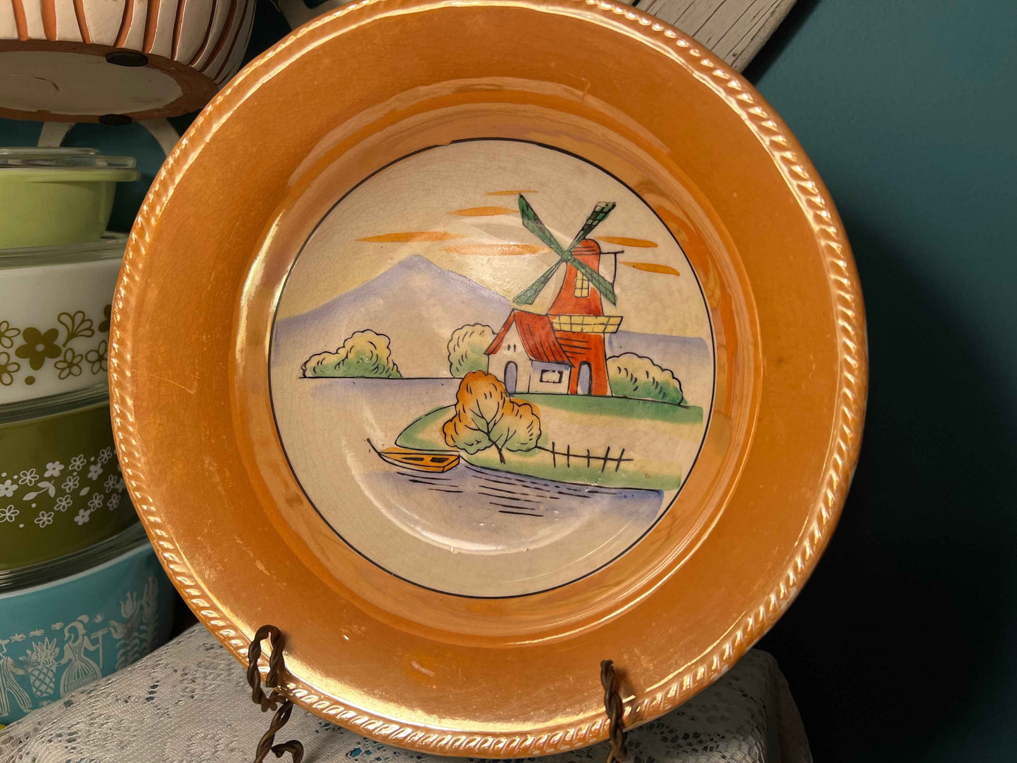 Vintage Japanese Lusterware Windmill Bowl | Mid-Century Hand-Painted Japan