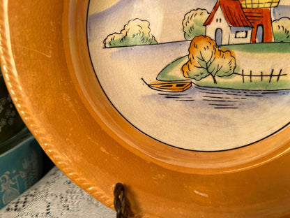 Vintage Japanese Lusterware Windmill Bowl | Mid-Century Hand-Painted Japan