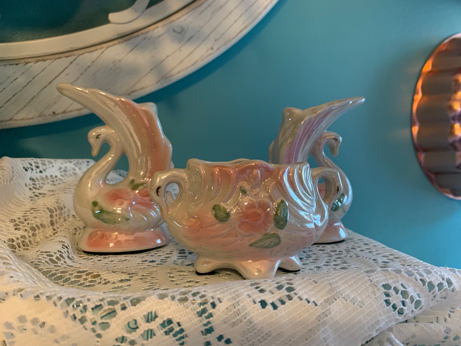 Vintage lusterware swan vases