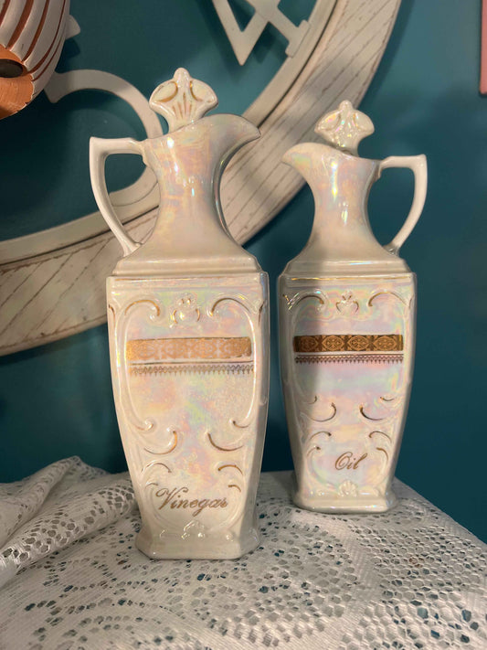 Vintage MEPOCO Opal Lusterware Oil & Vinegar Cruet Set – Gold Trim, 1940s Mid-Century Kitchen Collectible
