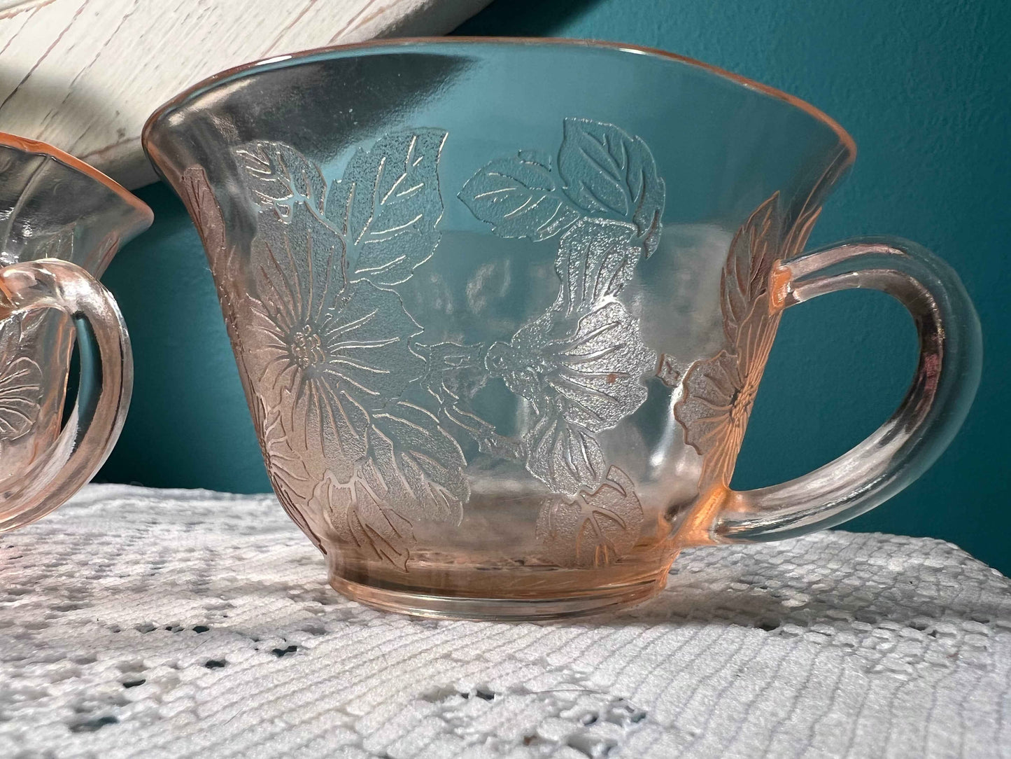 Vintage MacBeth-Evans Dogwood Pink depression glass cup thin wavy rim