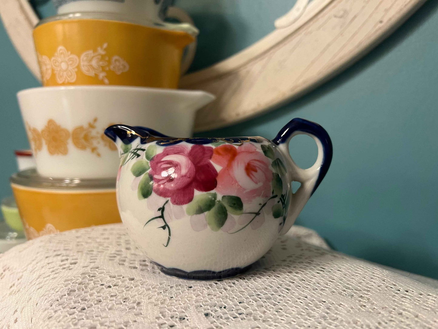 Vintage Signed Japanese Hand-Painted Floral Creamer | Cobalt Trim Porcelain | Antique Tableware