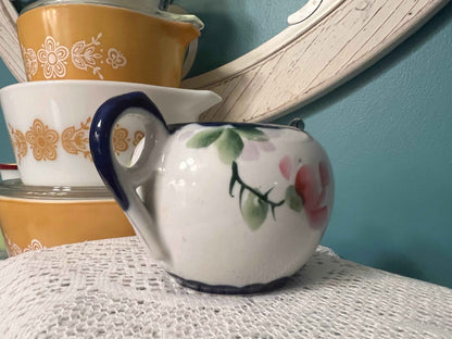 Vintage Signed Japanese Hand-Painted Floral Creamer | Cobalt Trim Porcelain | Antique Tableware