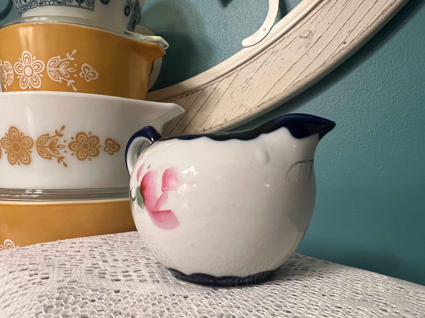 Vintage Signed Japanese Hand-Painted Floral Creamer | Cobalt Trim Porcelain | Antique Tableware