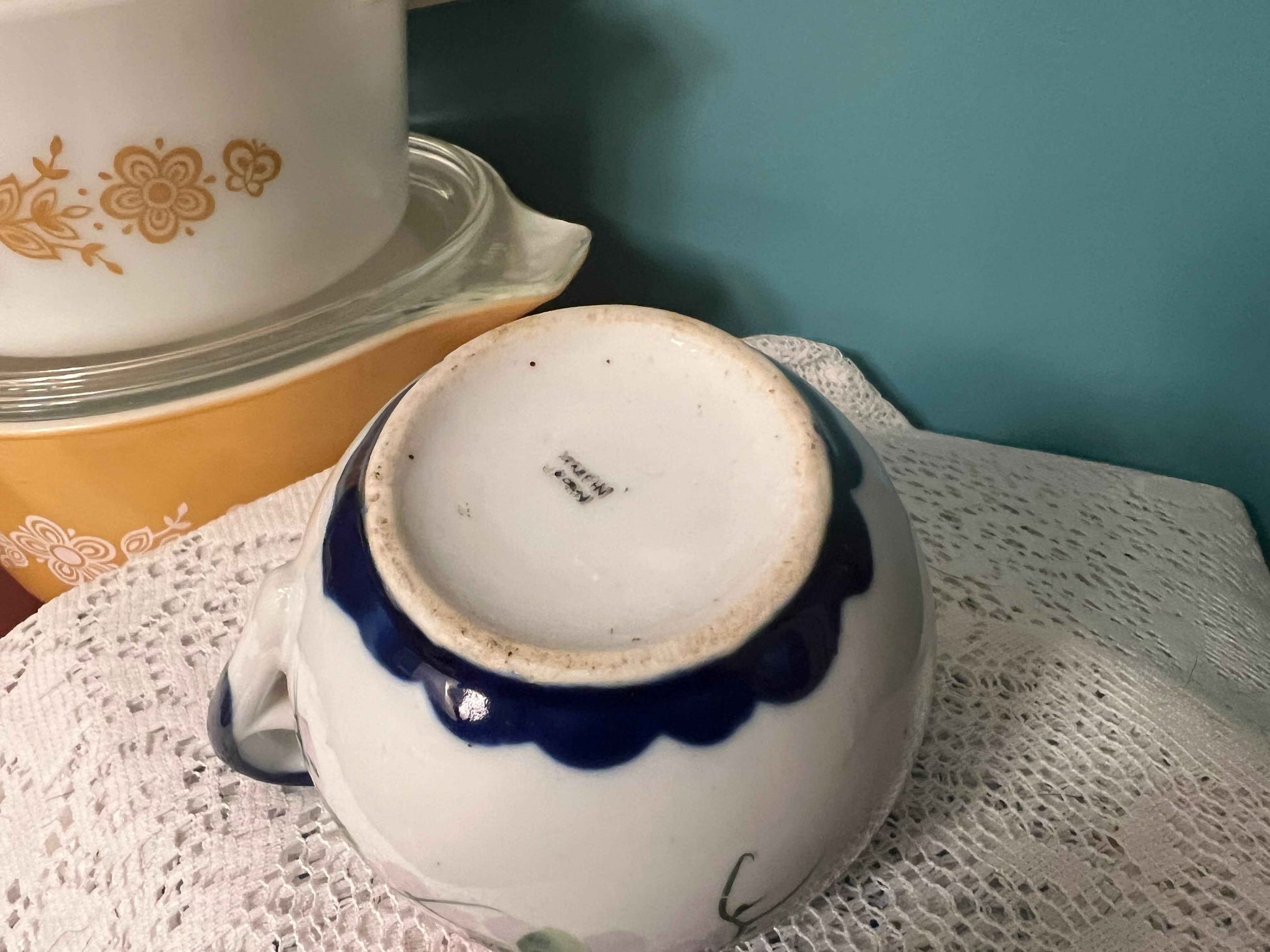 Vintage Signed Japanese Hand-Painted Floral Creamer | Cobalt Trim Porcelain | Antique Tableware
