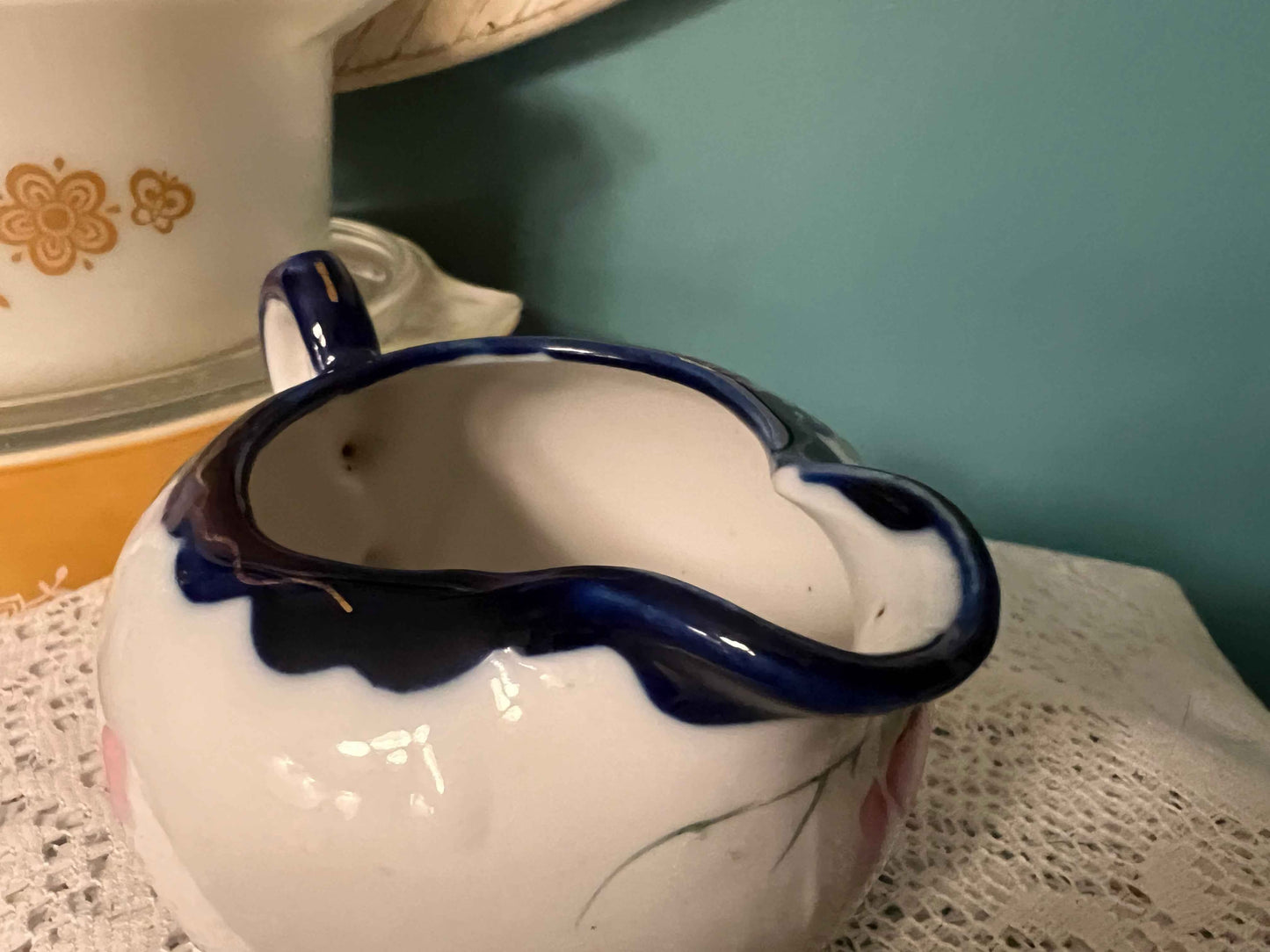 Vintage Signed Japanese Hand-Painted Floral Creamer | Cobalt Trim Porcelain | Antique Tableware