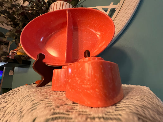 Vintage Melamac oblong serving bowl with matching salt and pepper shakers