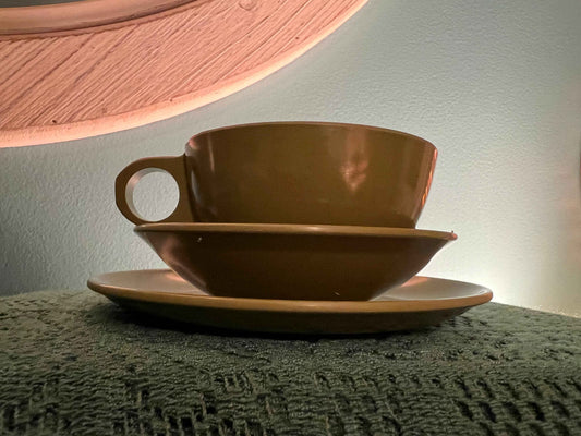 Vintage Avocado Green Melmac Tea Cup, Small Plate & Bowl – 1970s Mid-Century Modern