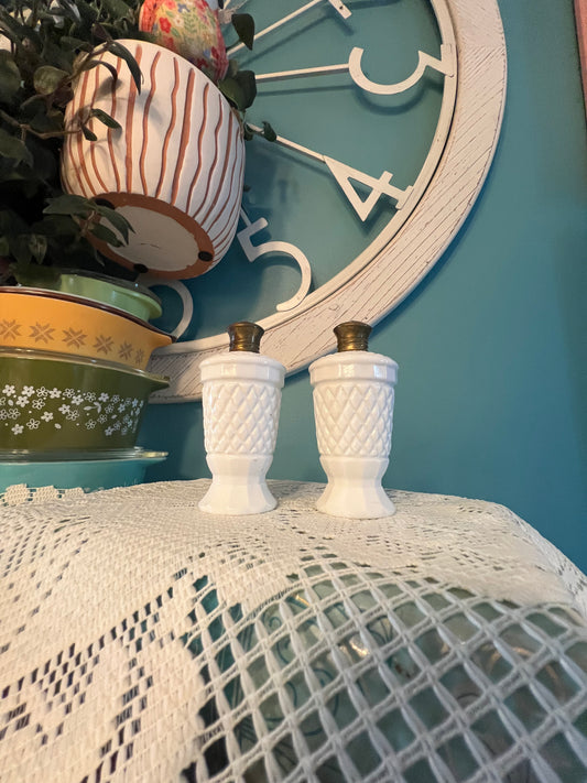 Vintage milk glass salt and pepper shakers with diamond pattern
