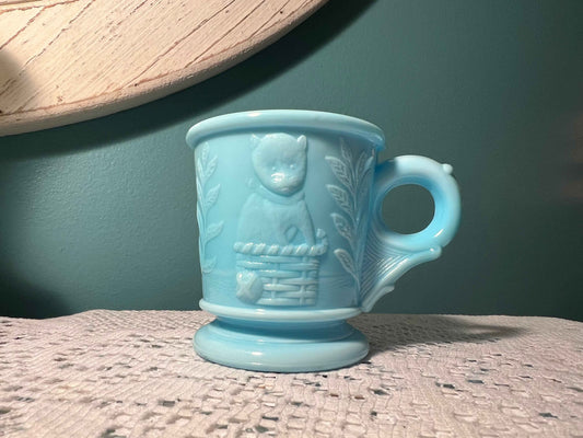 Vintage Mosser Glass Child’s Mug | Dog & Cat Basket Design | Blue Slag Swirl EAPG Cup | Vintage Glassware