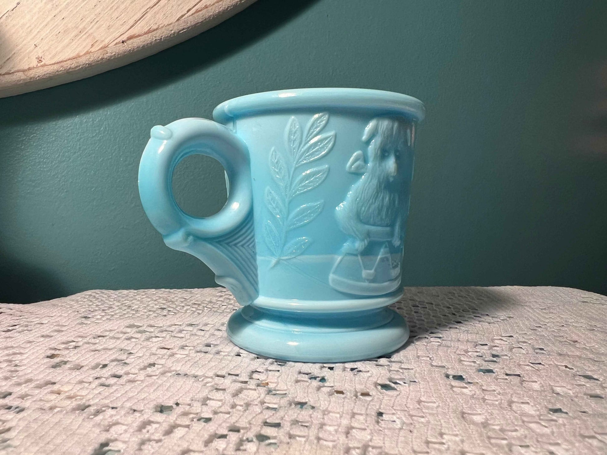 Vintage Mosser Glass Child’s Mug | Dog & Cat Basket Design | Blue Slag Swirl EAPG Cup | Vintage Glassware