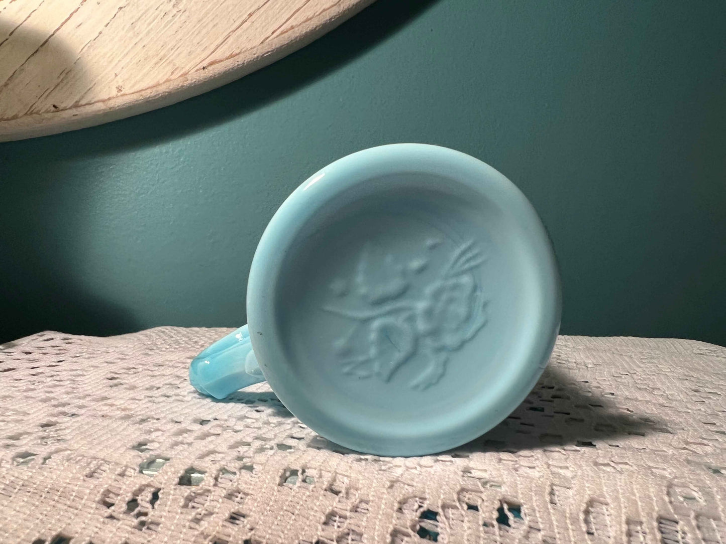 Vintage Mosser Glass Child’s Mug | Dog & Cat Basket Design | Blue Slag Swirl EAPG Cup | Vintage Glassware