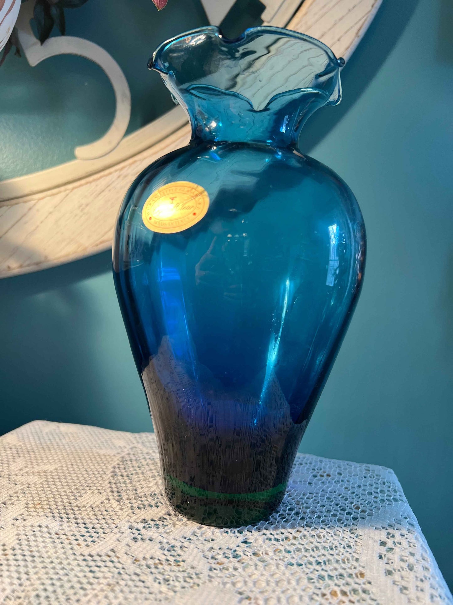 Vintage Murano-Style Italian Art Glass Vase | Indigo Blue Ombré Ribbed Ruffle Vase | Hand-Blown Art Glass Decor