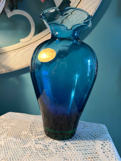 Vintage Murano-Style Italian Art Glass Vase | Indigo Blue Ombré Ribbed Ruffle Vase | Hand-Blown Art Glass Decor