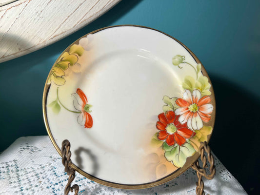 Antique Nippon Hand-Painted Moriage Dessert Plate - Set of 4| Red & White Florals | Early 1900s Porcelain