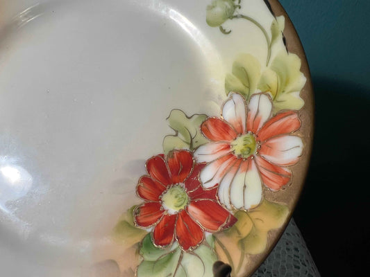 Antique Nippon Hand-Painted Moriage Dessert Plate - Set of 4| Red & White Florals | Early 1900s Porcelain