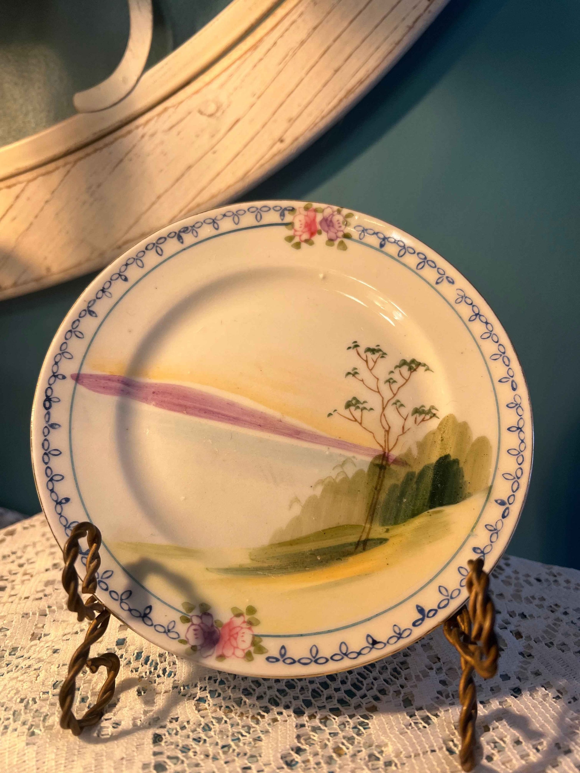 Antique Nippon Landscape Plate | Hand-Painted Porcelain | Floral Border Japan Export Era