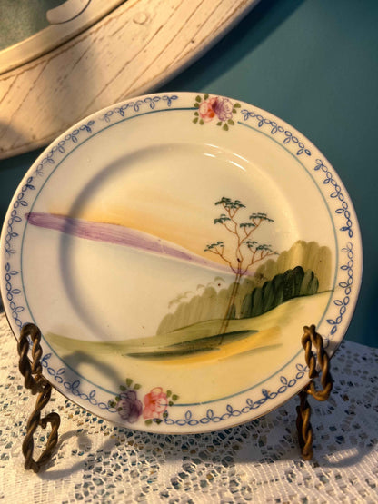 Antique Nippon Landscape Plate | Hand-Painted Porcelain | Floral Border Japan Export Era